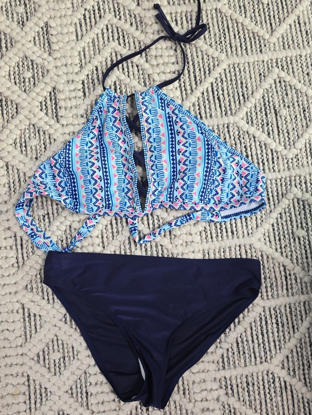 Blue Patterned Halter Bikini Top with Navy Solid Bottom - Women